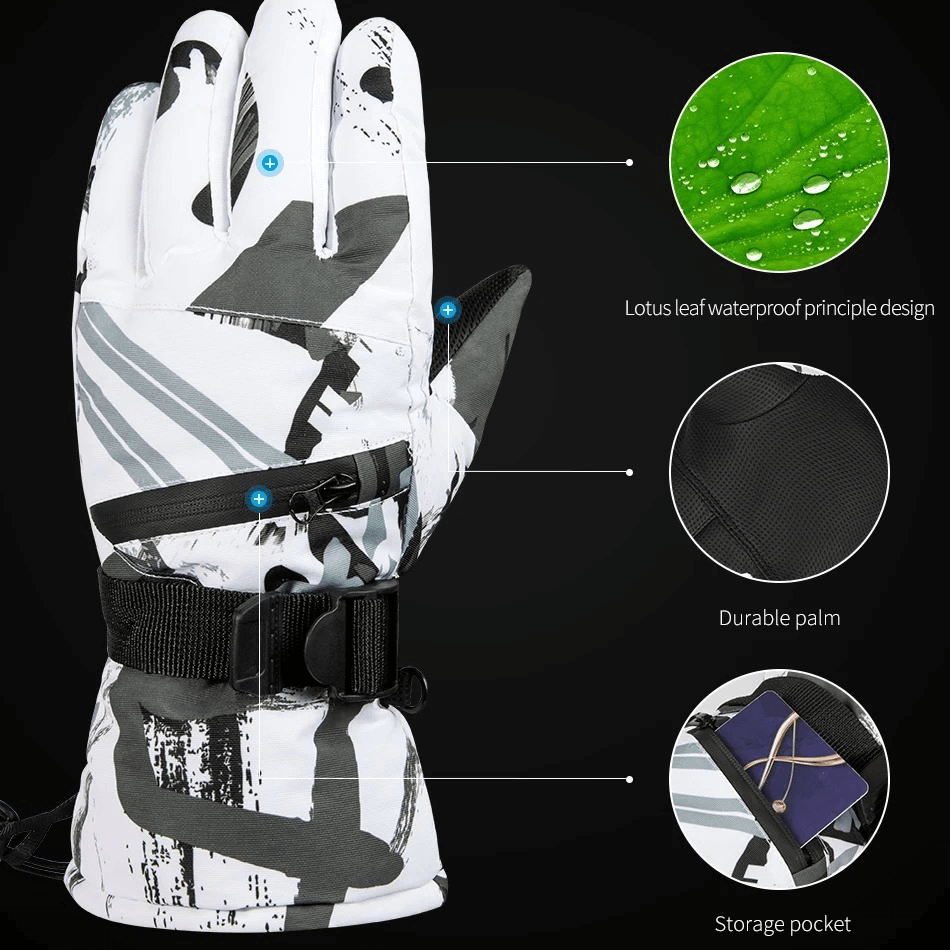 Waterproof warm unisex gloves with adjustable buckle featuring durable palm and storage pocket, ideal for extreme weather.